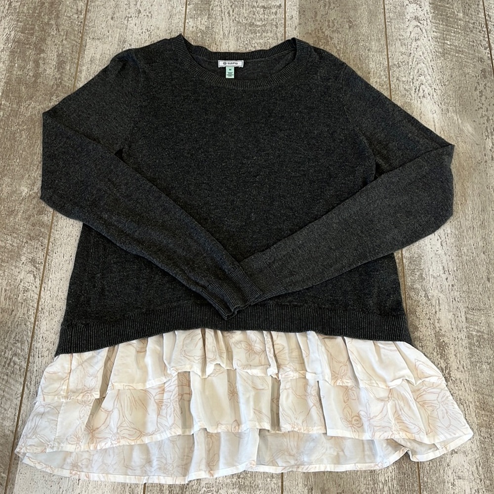Susina Ruffled Layered Ruffle Hem Charcoal Grey Tunic Sweater Medium